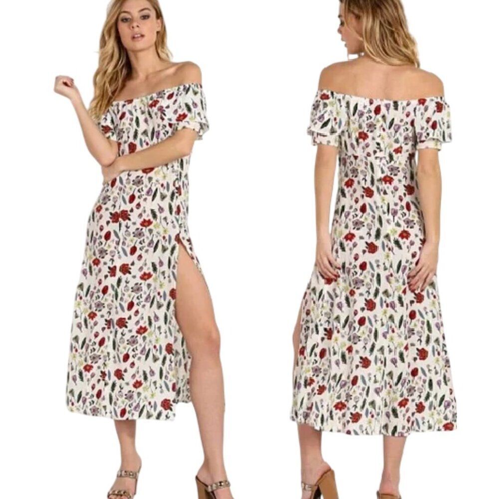 STONE COLD FOX Dress, 1/S, Silk Floral, Off Shoulder, HIGH slit/Vent, Midi, Zip - Picture 16 of 16